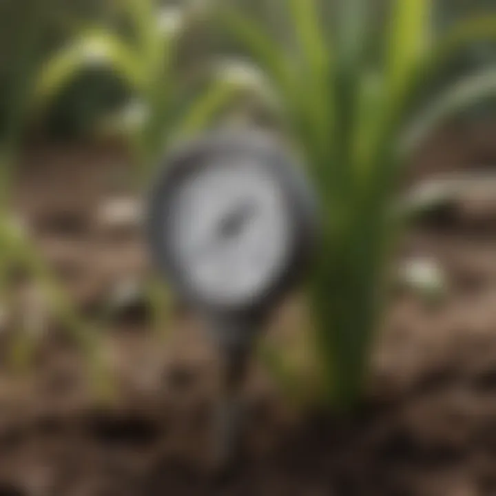Close-up of soil moisture gauge inserted into plant soil