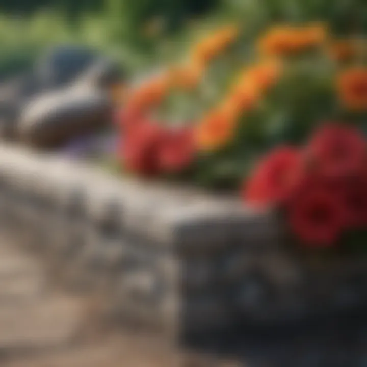 Close-up of different materials used for flower edging, including stones and wood