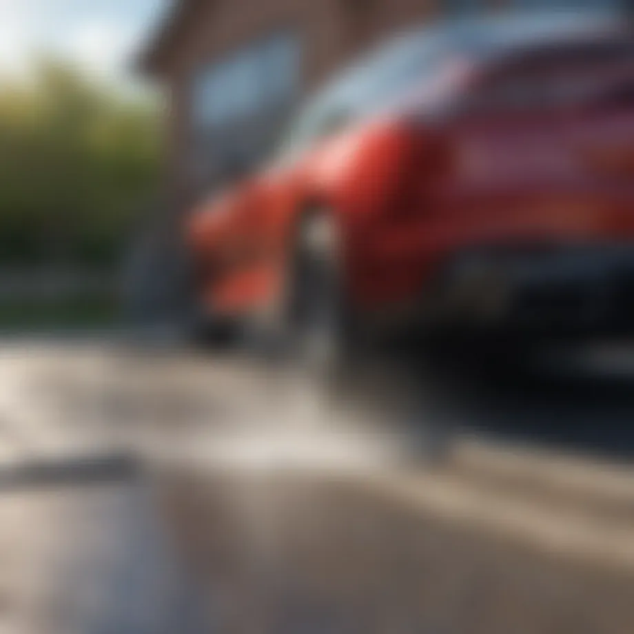 Portable power washer in action cleaning a driveway