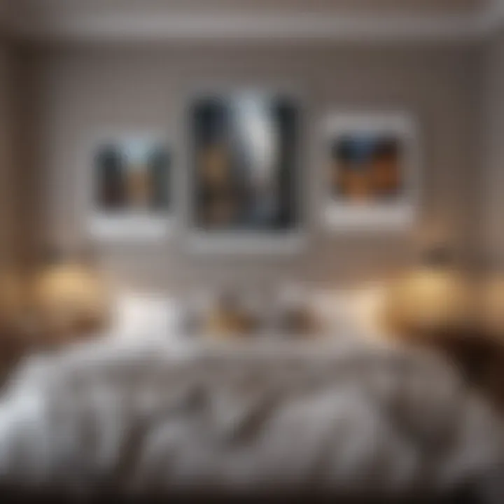 Gallery wall featuring various art styles above a bed