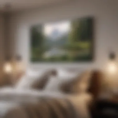 Serene landscape painting hung above a cozy bed