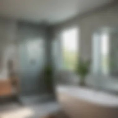 Open concept bathroom featuring a frosted glass partition for privacy