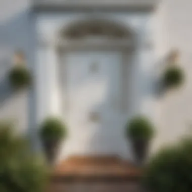 Charming White Front Door Charming white front door framed by greenery