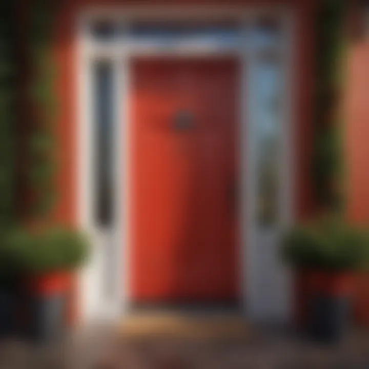 Vibrant red front door with seasonal decor