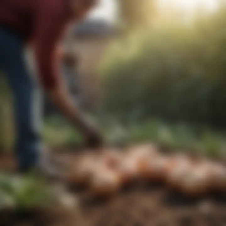 Gardener applying organic fertilizer to onion plants