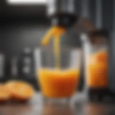 A close-up of juice being poured from a juicer into a glass