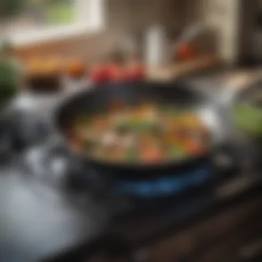 A frying pan on a stove with vibrant vegetables displayed around