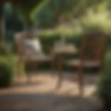 Wood patio furniture in a picturesque garden setting