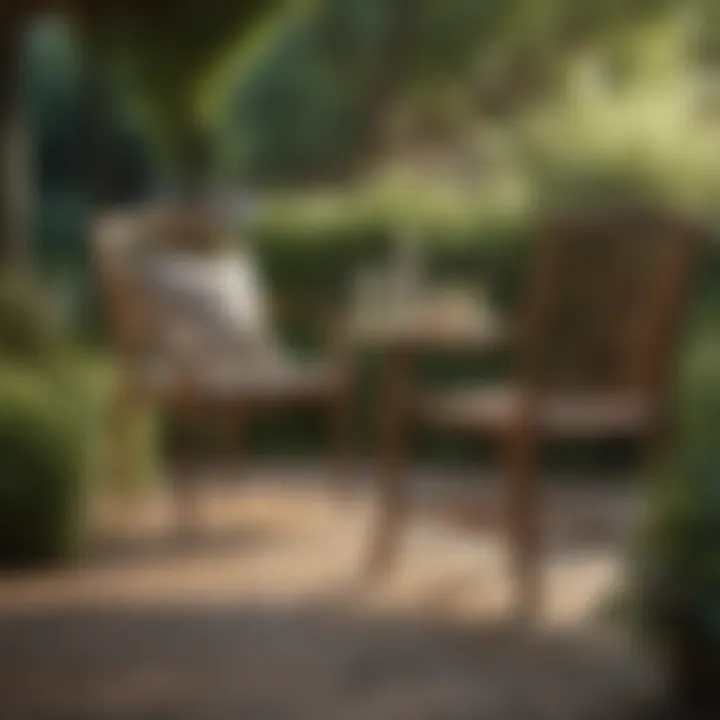 Wood patio furniture in a picturesque garden setting