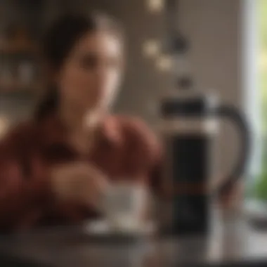 User enjoying coffee from a thermal French press, emphasizing the experience