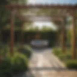 A beautifully designed wooden pergola in a vibrant garden setting