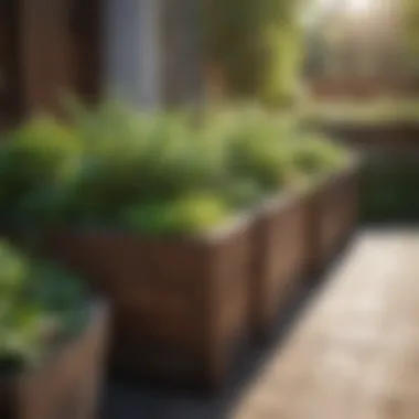 A sunny outdoor space featuring a variety of herb planter boxes.