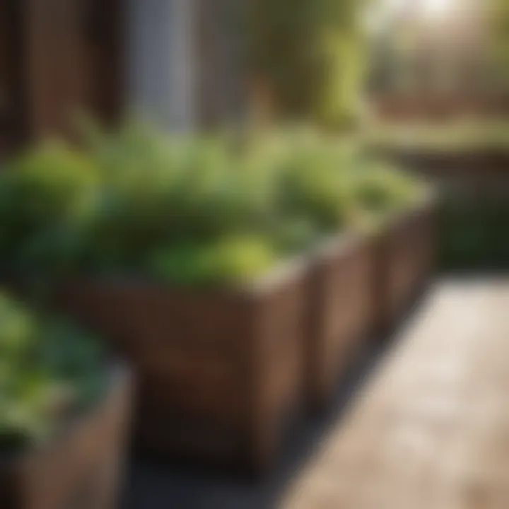 A sunny outdoor space featuring a variety of herb planter boxes.