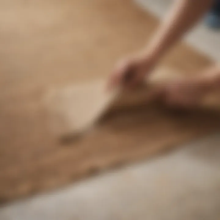 An individual applying a gentle cleaning solution to a jute rug, demonstrating effective cleaning techniques.