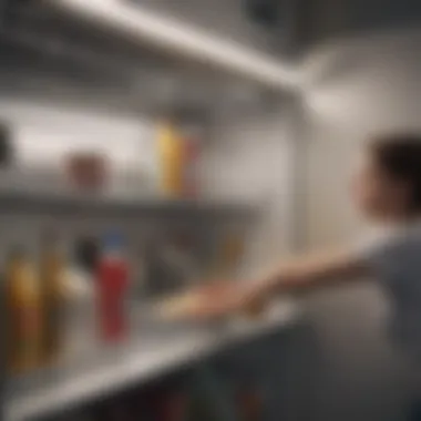 Close-up of refrigerator shelves being wiped down