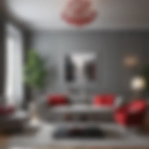 Elegant living room featuring a gray sofa with red accents