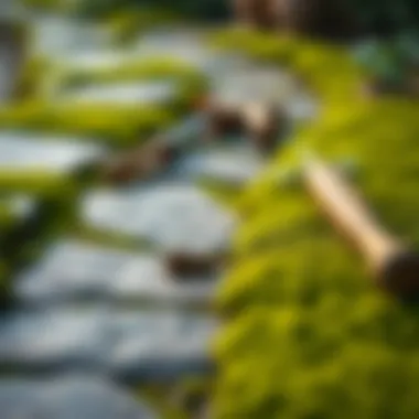 Stone path with moss and tools for removal