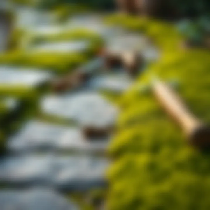 Stone path with moss and tools for removal