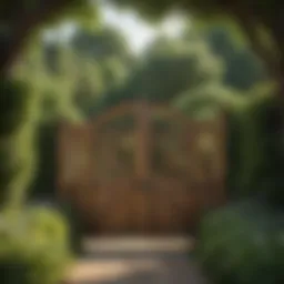 Elegant wooden garden gate framed by lush greenery