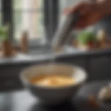Immersion Stick Blender in Action Close-up of an immersion stick blender blending ingredients in a bowl