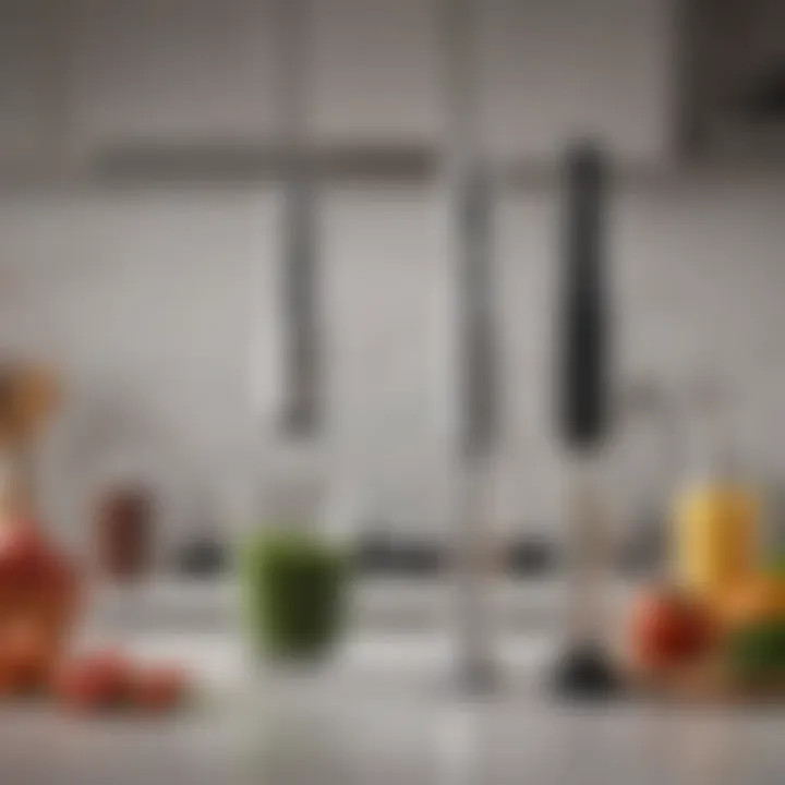 Various immersion stick blender models displayed on a countertop