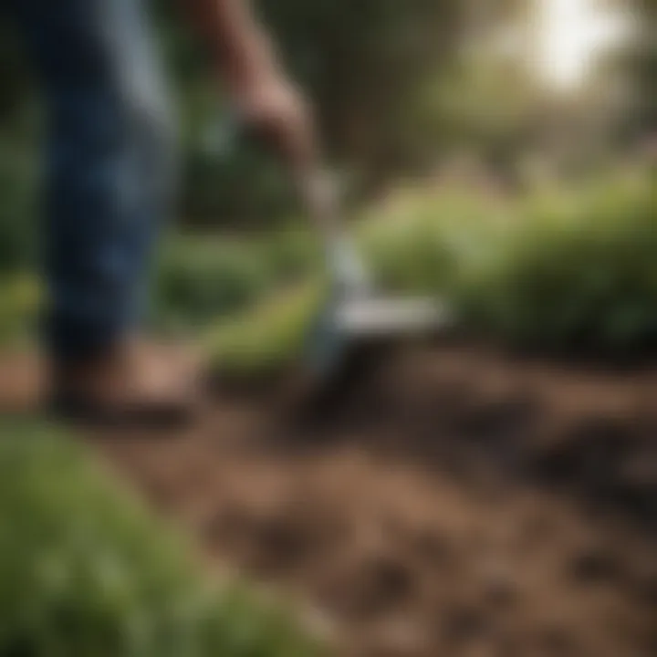 A gardener skillfully using a garden edger on a flower bed.