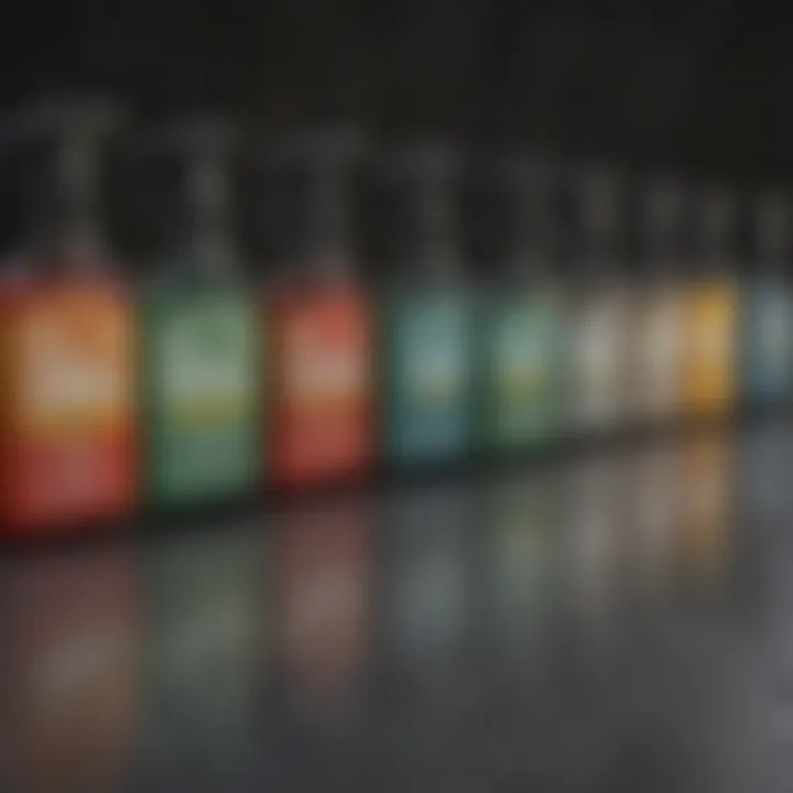 Various chemical insecticides lined up with labels showcasing their functions