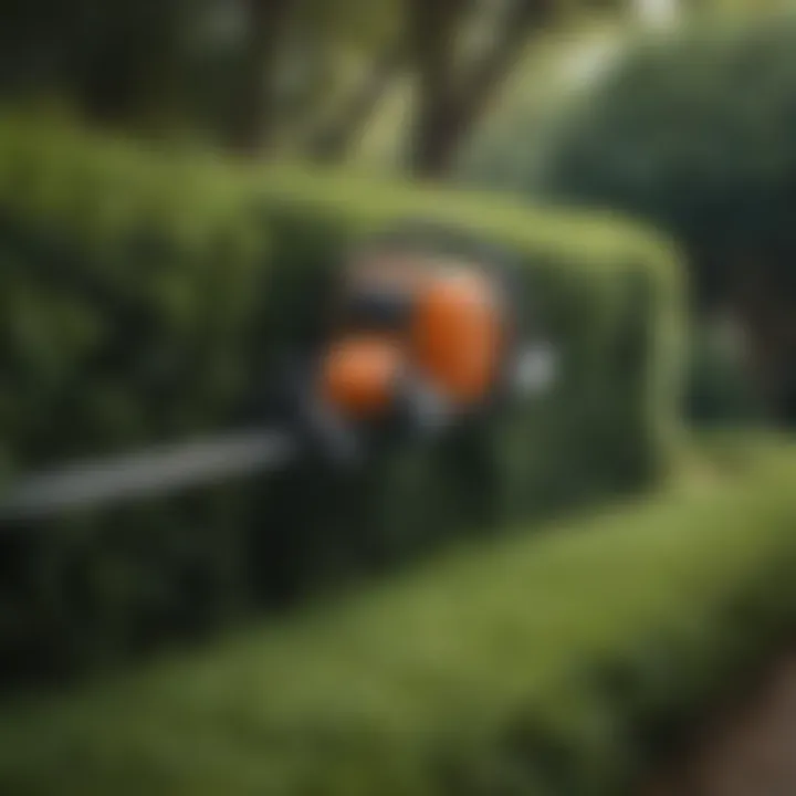 Husqvarna hedge trimmer in action amidst lush greenery