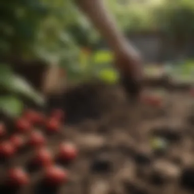 Nutrient-rich compost being added to strawberry plants