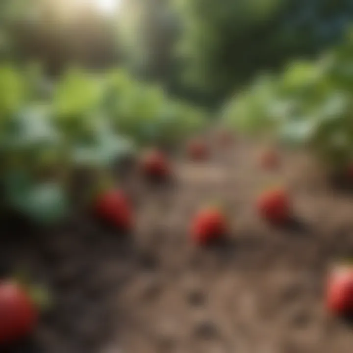 Soil testing tools beside a lush strawberry patch