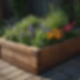 An elevated garden bed filled with vibrant herbs and flowers