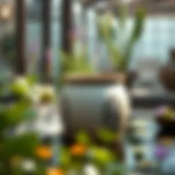 Elegant ceramic container in a tranquil water garden setting