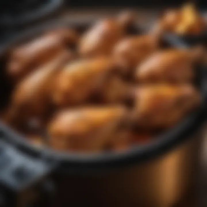 An air fryer showcasing chicken wings cooking inside