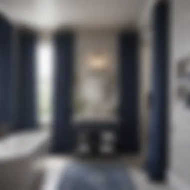 A well-coordinated bathroom featuring navy blue curtains and complementary decor