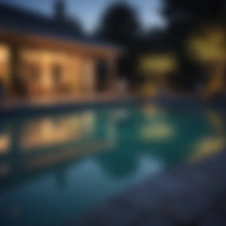 A serene evening scene featuring a beautifully illuminated swimming pool.