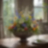A beautifully arranged spring centerpiece with wildflowers and rustic elements