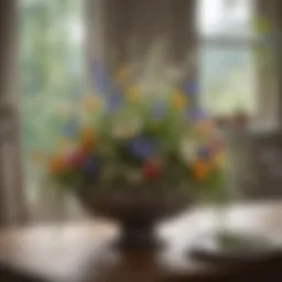 A beautifully arranged spring centerpiece with wildflowers and rustic elements