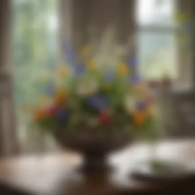 A beautifully arranged spring centerpiece with wildflowers and rustic elements