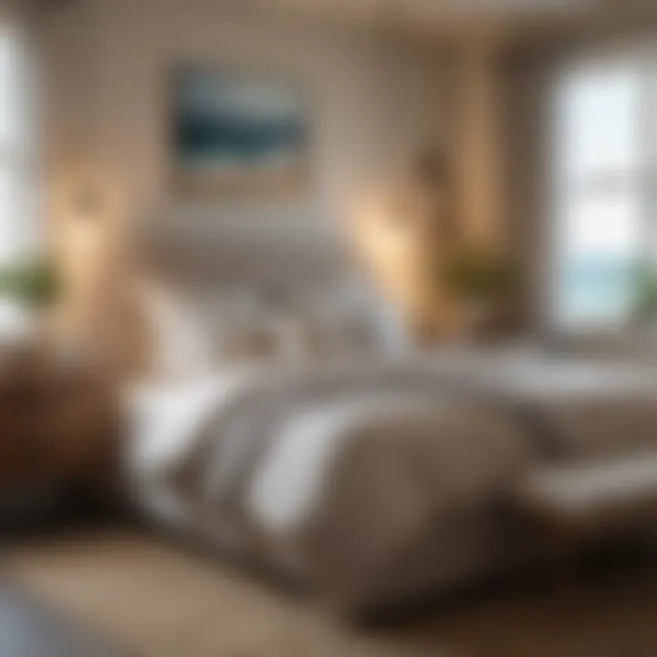 A cozy bedroom styled with beach bedding, emphasizing a relaxed coastal vibe