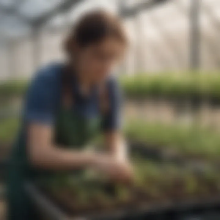 Gardener maintaining a greenhouse filled with healthy seedlings