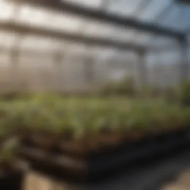 Interior view of a greenhouse with seedlings basking in sunlight