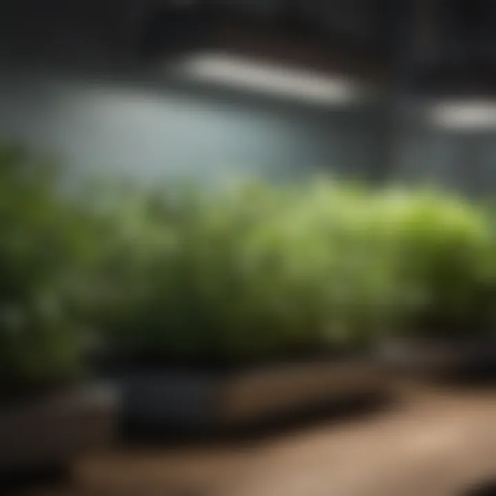 A close-up of healthy herb plants thriving under optimal lighting