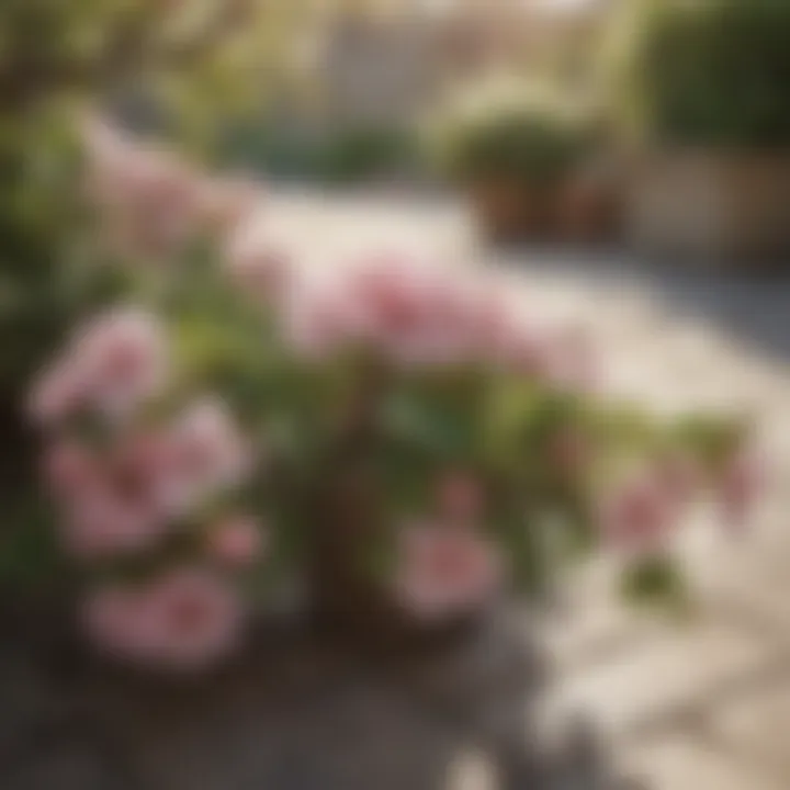 Close-up of blooming apple blossoms on a patio apple tree, highlighting the beauty of the flowers.