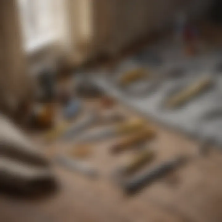 Tools and materials laid out for creating curtains, including scissors, measuring tape, and pins.