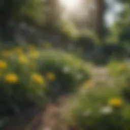 A lush garden showcasing healthy plants with dandelions in the foreground