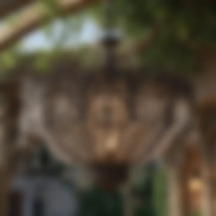 Close-up of a decorative outdoor chandelier with intricate design