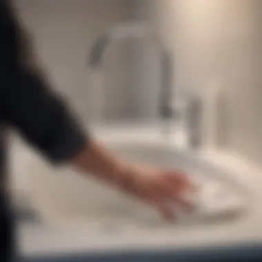 A person using a soft cloth to clean a sink