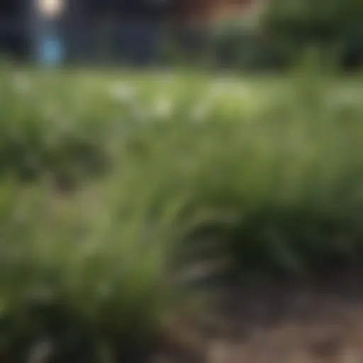 A close-up view of patchy grass on a lawn