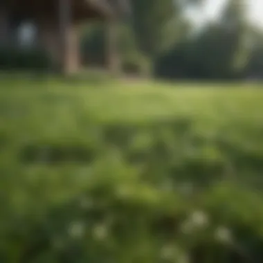 Lush green lawn with clover weeds visible