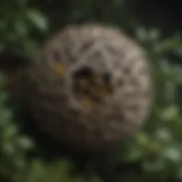 Close-up view of a wasp nest hidden in foliage